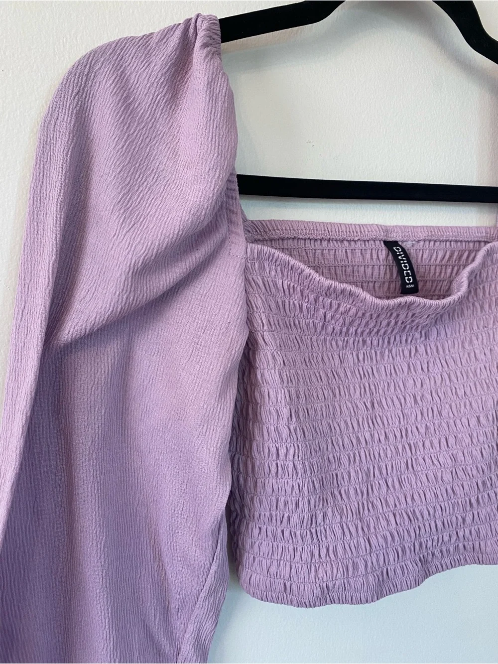 H&M Women’s Lilac Smocked Square-Neck Cropped Long Sleeve Top - size small